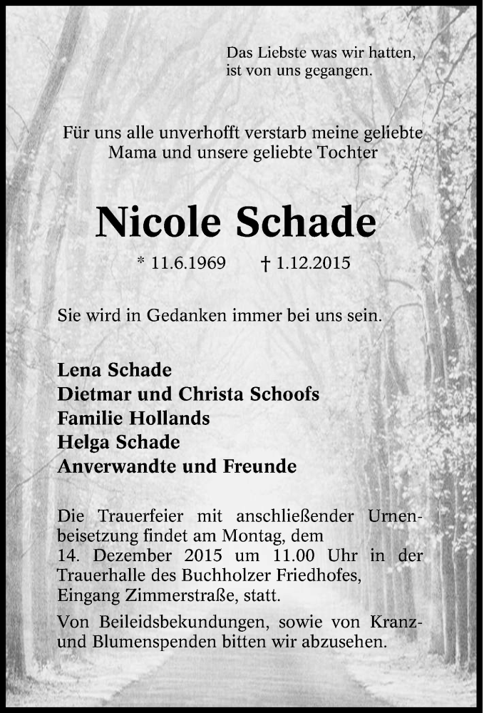  Traueranzeige für Nicole Schade vom 08.12.2015 aus Tageszeitung