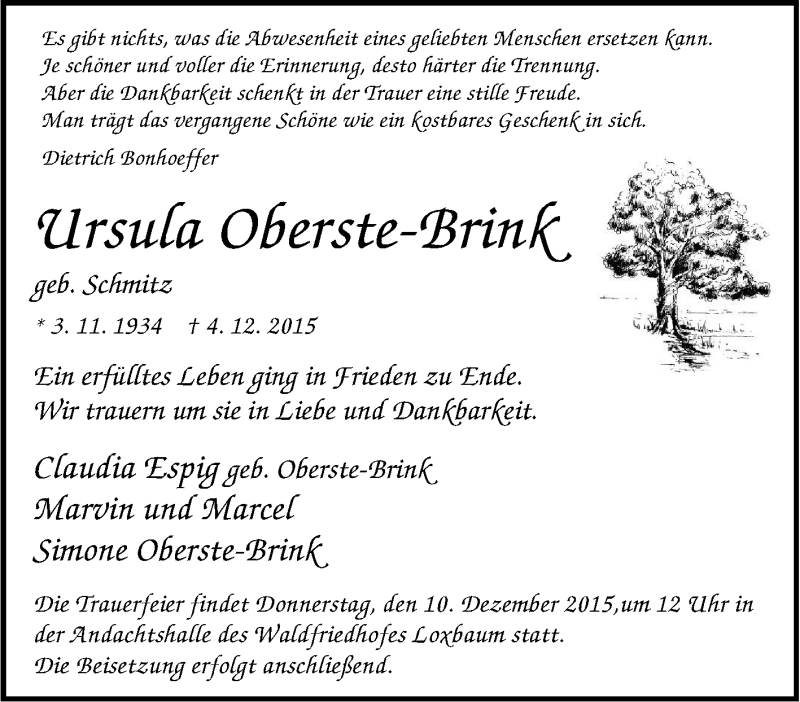  Traueranzeige für Ursula Oberste-Brink vom 08.12.2015 aus Tageszeitung