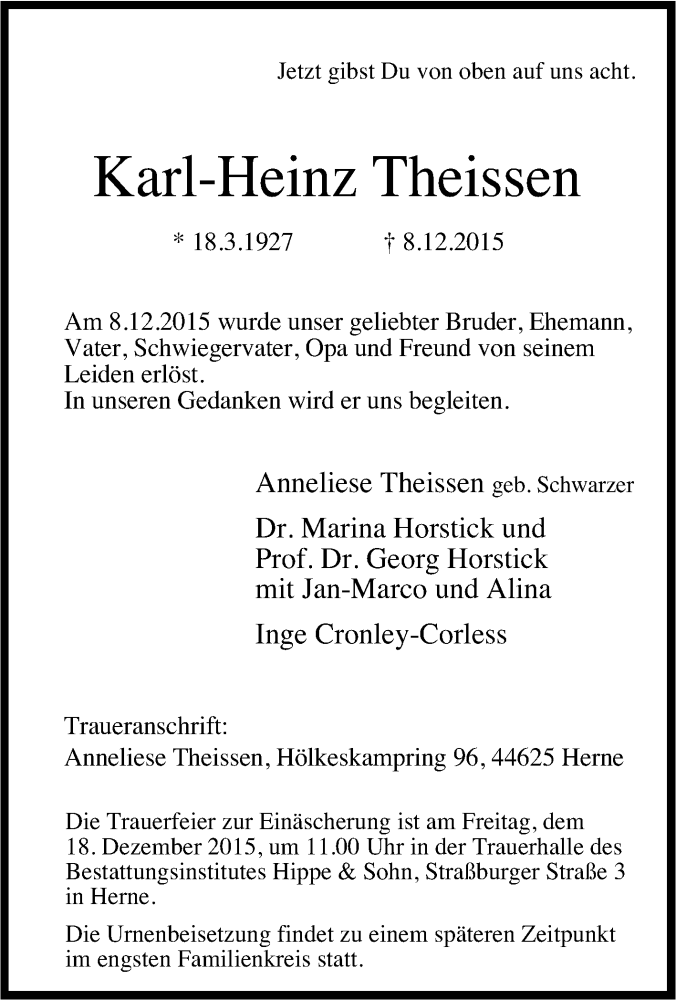  Traueranzeige für Karl-Heinz Theissen vom 12.12.2015 aus Tageszeitung