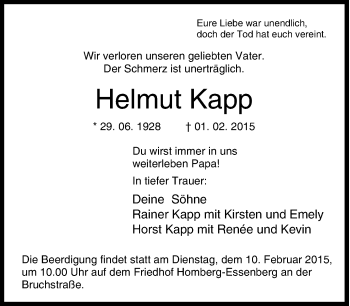 Traueranzeige von Helmut Kapp von Tageszeitung
