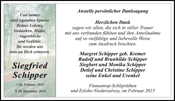 Traueranzeige von Siegfried Schipper von Tageszeitung
