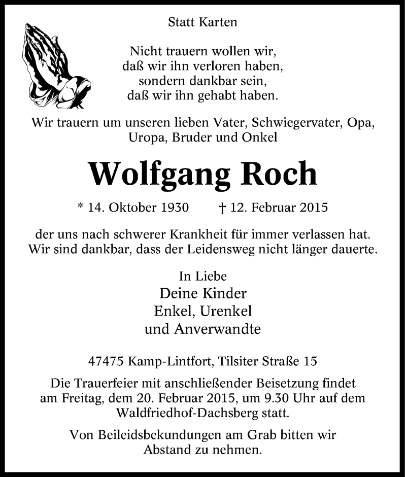  Traueranzeige für Wolfgang Roch vom 14.02.2015 aus Tageszeitung