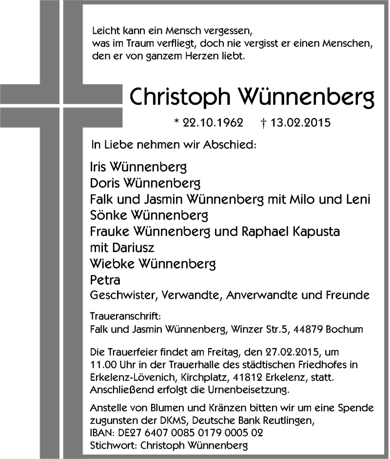  Traueranzeige für Christoph Wünnenberg vom 21.02.2015 aus Tageszeitung