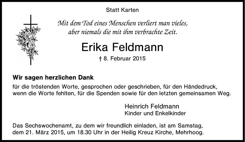  Traueranzeige für Erika Feldmann vom 10.02.2015 aus Tageszeitung