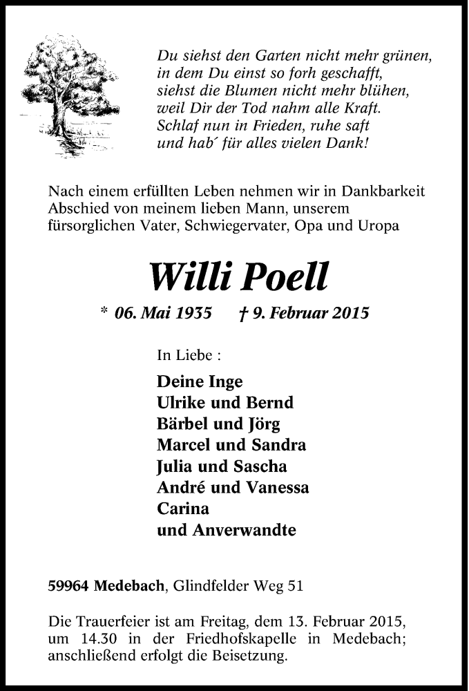  Traueranzeige für Willi Poell vom 11.02.2015 aus Tageszeitung