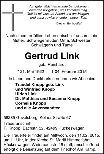Traueranzeige von Gertrud Link von Tageszeitung