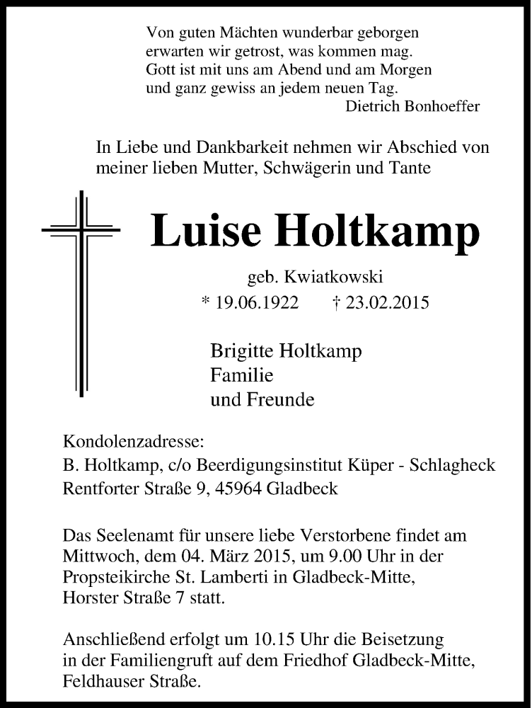  Traueranzeige für Luise Holtkamp vom 28.02.2015 aus Tageszeitung