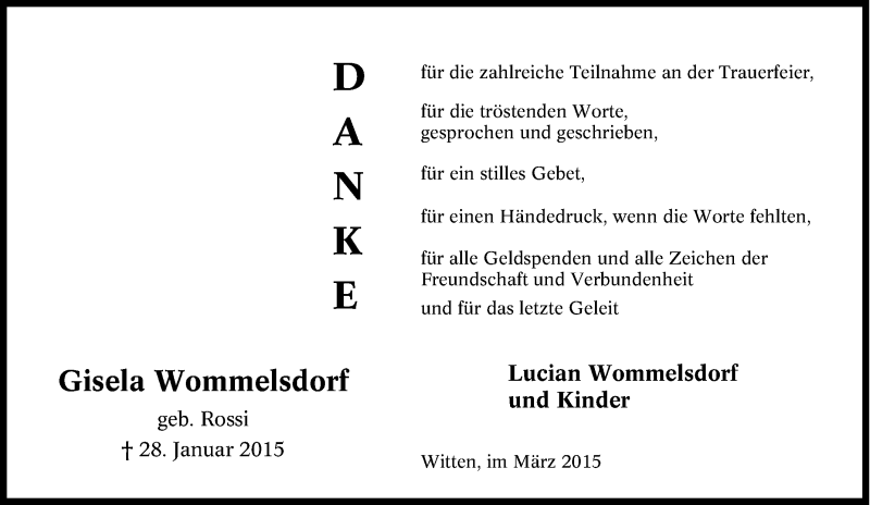  Traueranzeige für Gisela Wommelsdorf vom 07.02.2015 aus Tageszeitung