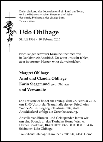 Traueranzeige von Udo Ohlhage von Tageszeitung