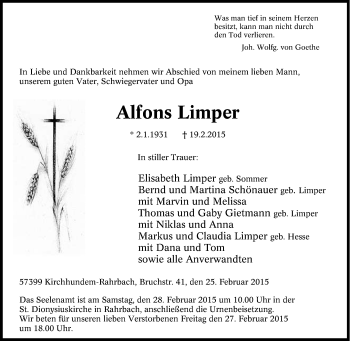 Traueranzeige von Alfons Limper von Tageszeitung