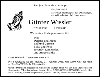 Traueranzeige von Günter Wissler von Tageszeitung