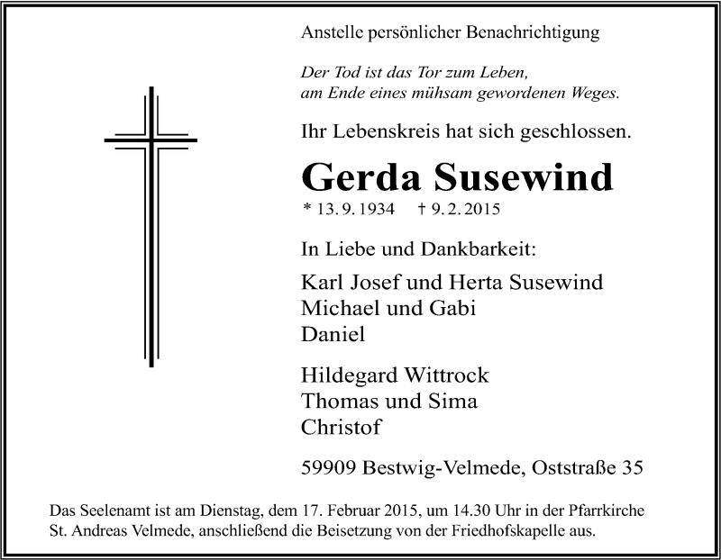  Traueranzeige für Gerda Susewind vom 14.02.2015 aus Tageszeitung