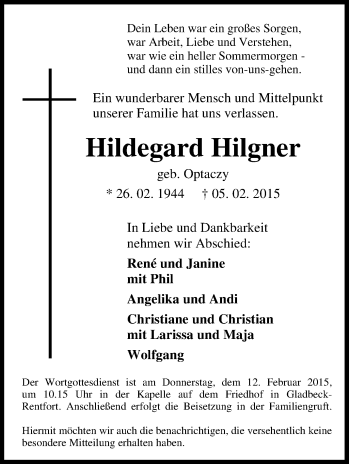 Traueranzeige von Hildegard Hilgner von Tageszeitung