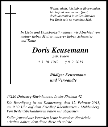 Traueranzeige von Doris Keusemann von Tageszeitung