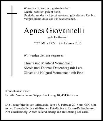 Traueranzeige von Agnes Giovannelli von Tageszeitung