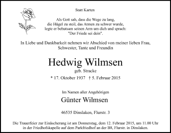 Traueranzeige von Hedwig Wilmsen von Tageszeitung