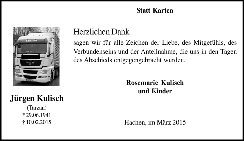  Traueranzeige für Jürgen Kulisch vom 14.02.2015 aus Tageszeitung