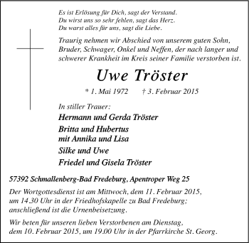 Traueranzeige von Uwe Tröster von Tageszeitung