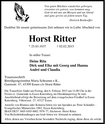 Traueranzeige von Horst Ritter von Tageszeitung