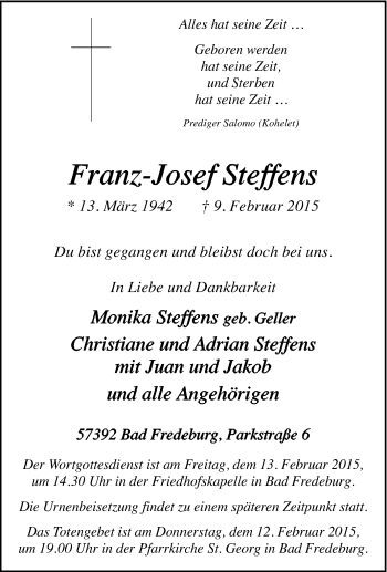 Traueranzeige von Franz-Josef Steffens von Tageszeitung