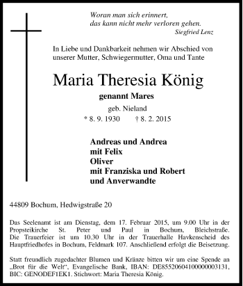 Traueranzeige von Maria Theresia König von Tageszeitung