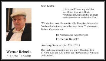 Traueranzeige von Werner Reineke von Tageszeitung