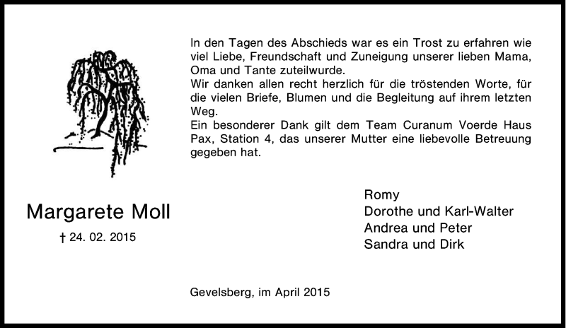  Traueranzeige für Margarete Moll vom 28.02.2015 aus Tageszeitung