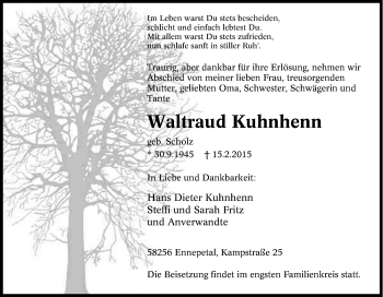 Traueranzeige von Waltraud Kuhnhenn von Tageszeitung