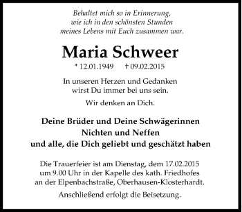 Traueranzeige von Maria Schweer von Tageszeitung