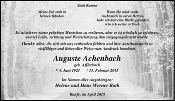 Traueranzeige von Auguste Achenbach von Tageszeitung