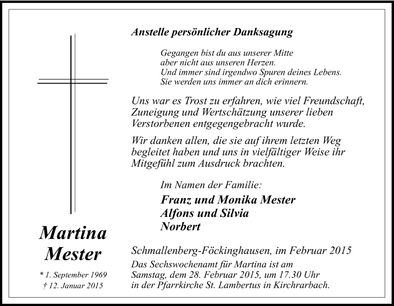  Traueranzeige für Martina Mester vom 23.02.2015 aus Tageszeitung