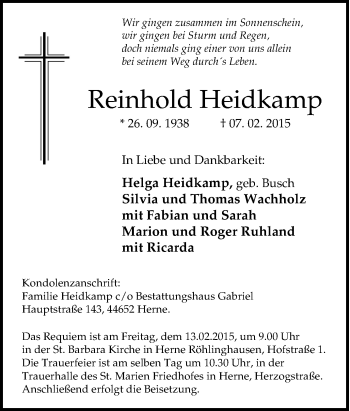 Traueranzeige von Reinhold Heidkamp von Tageszeitung
