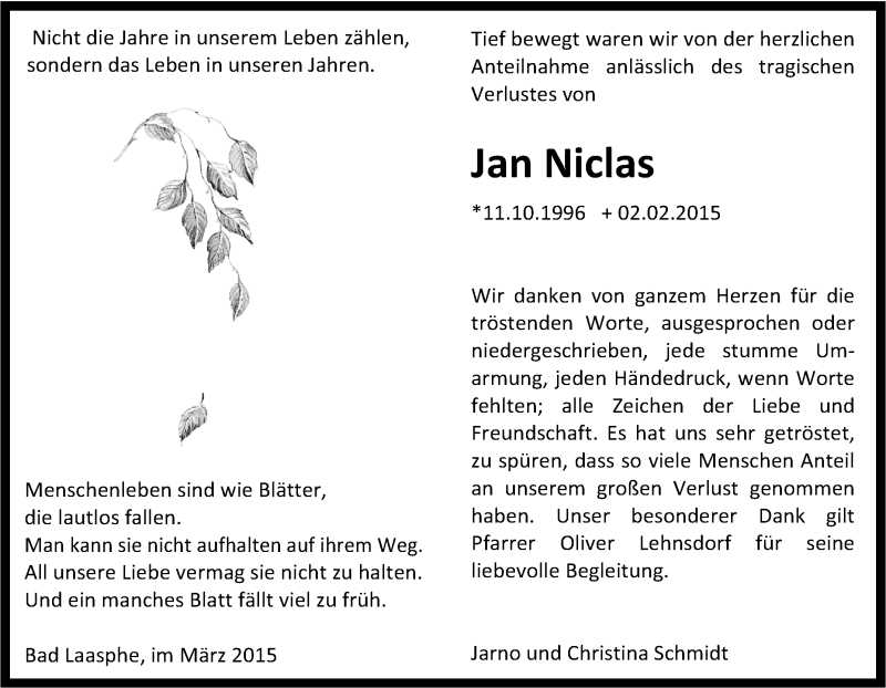  Traueranzeige für Jan Niclas Schmidt vom 04.02.2015 aus Tageszeitung