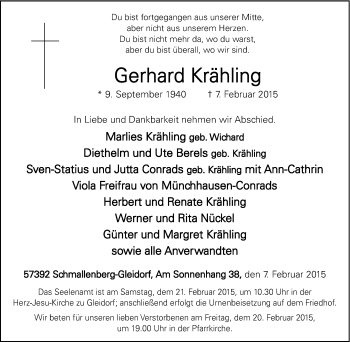 Traueranzeige von Gerhard Krähling von Tageszeitung