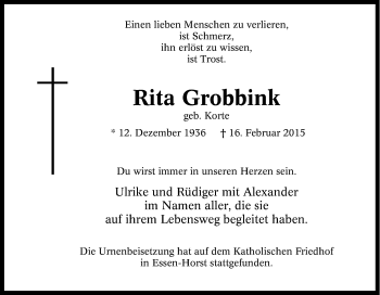 Traueranzeige von Rita Grobbink von Tageszeitung