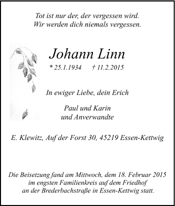 Traueranzeige von Johann Linn von Tageszeitung