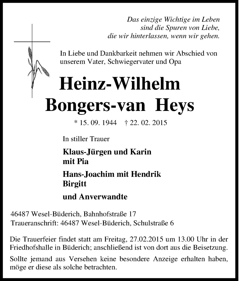  Traueranzeige für Heinz-Wilhelm Bongers-van Heys vom 25.02.2015 aus Tageszeitung