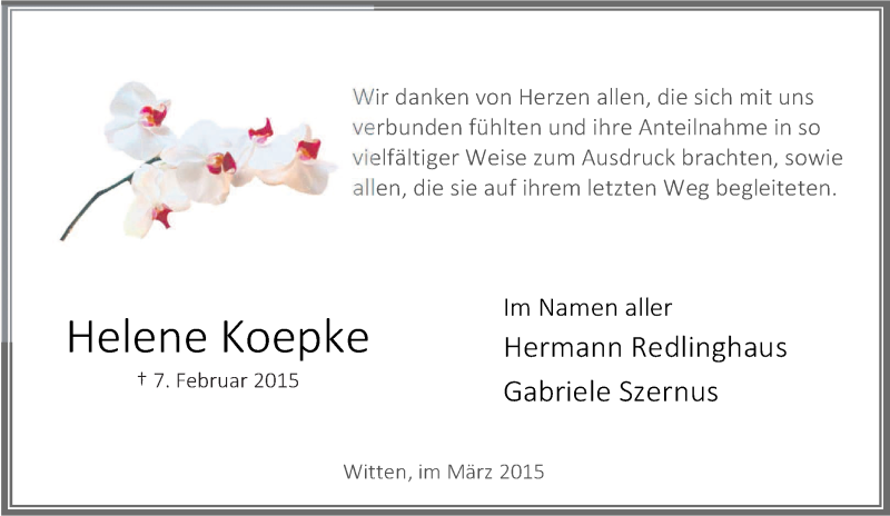  Traueranzeige für Helene Koepke vom 11.02.2015 aus Tageszeitung