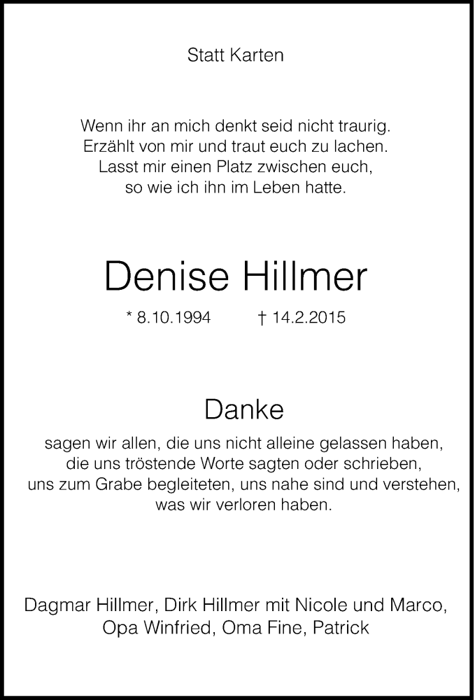  Traueranzeige für Denise Hillmer vom 21.02.2015 aus waz