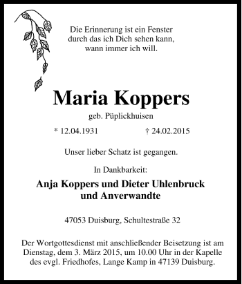 Traueranzeige von Maria Koppers von Tageszeitung