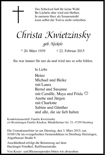 Traueranzeige von Christa Kwietzinsky von Tageszeitung