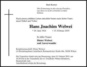Traueranzeige von Hans Joachim Welwei von Tageszeitung