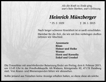 Traueranzeige von Heinrich Münzberger von Tageszeitung