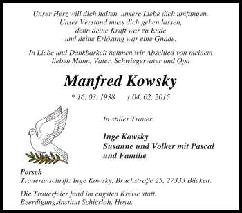 Traueranzeige von Manfred Kowsky von Tageszeitung