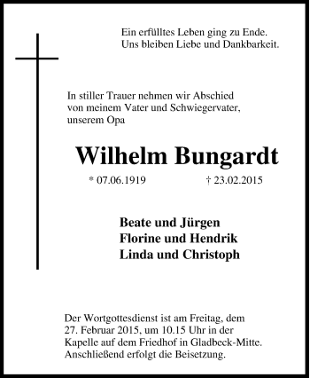 Traueranzeige von Wilhelm Bungardt von Tageszeitung