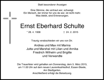 Traueranzeige von Ernst Eberhard Schulte von Tageszeitung