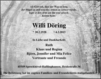 Traueranzeige von Willi Döring von Tageszeitung