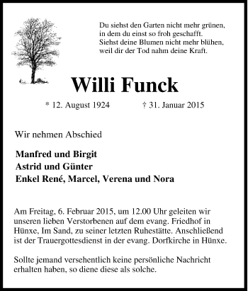 Traueranzeige von Willi Funck von Tageszeitung