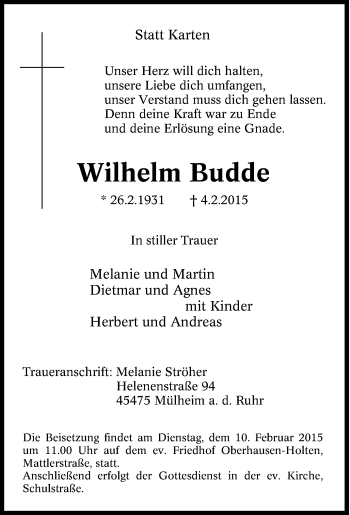 Traueranzeige von Wilhelm Budde von Tageszeitung