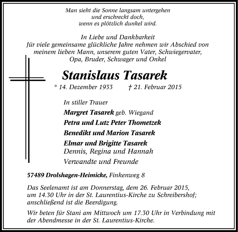  Traueranzeige für Stanislaus Tasarek vom 23.02.2015 aus Tageszeitung